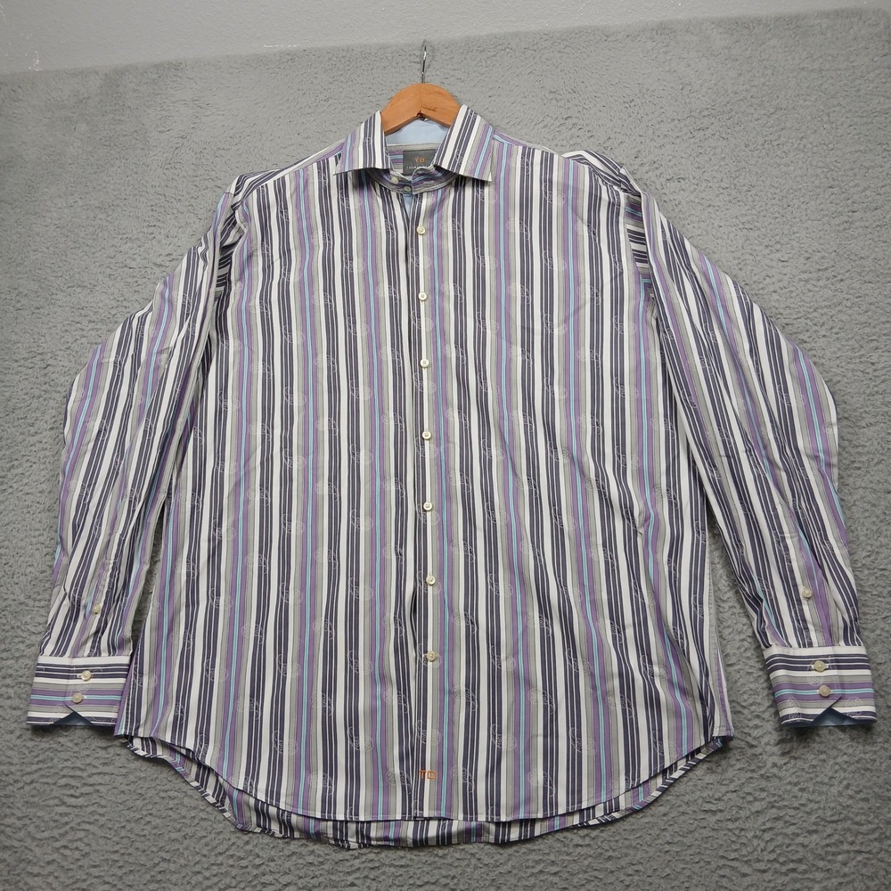 Thomas Dean Dress Shirt Mens XXL Purple Gray Stripe Paisley Long Sleeve